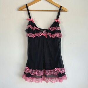 Dark Coquette Lace Babydoll Mesh Sheer Top Size M Whimsigoth Bows Indie Festival
